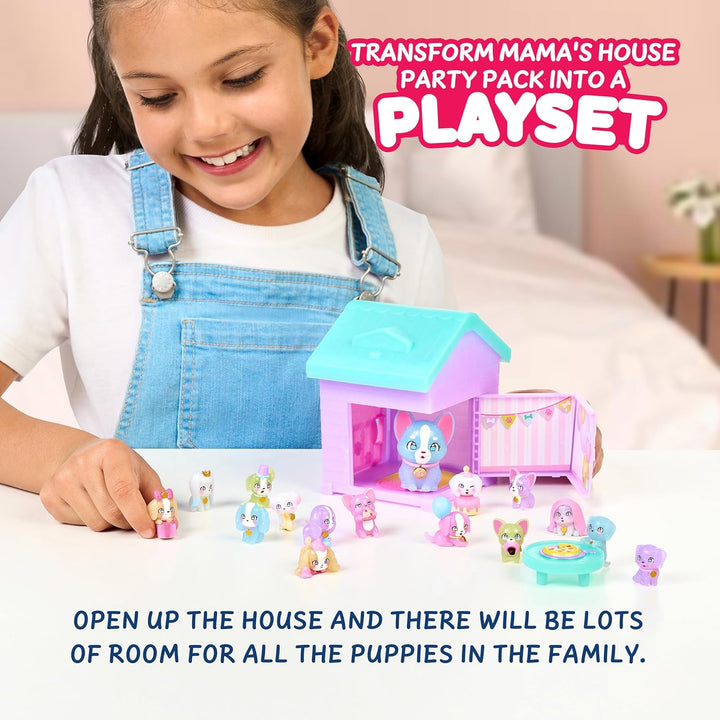 Dog House Playset, Mama Surprise Families Puppy Party Pack, 15 Mini Collectible Puppies, Fold-Out Dog Playset Toy Gift for Kids 5+