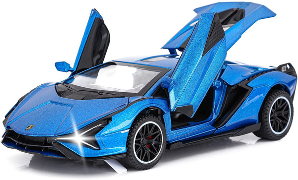 Lambo Toy Cars Sian Fkp37 Diecast Metal Model Car with Light and Sound Pull Back Car Toys for Boys Age 3 + Year Old (Blue)