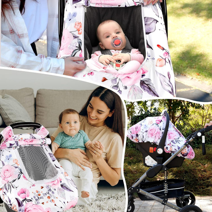 Floral Baby Carseat Cover Girls,  Infant Car Seat Covers Canopy for Newborn with 2 Layers Windows of Breathable Mesh/Fabric, Lightweight Polyester/Minky Dot Backing, Snug Fit Most Baby Car Seat