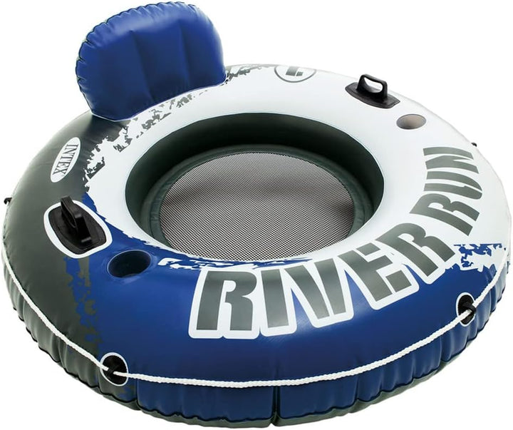 58825EP River Run 1 Inflatable Floating Lounge: Comfortable Backrest – Built-In Cup Holders – Durable Grab Handles – All around Grab Rope – 220Lb Weight Capacity– Blue