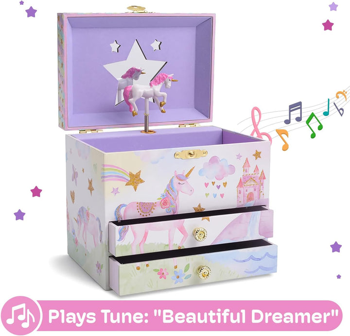 Enchanting Unicorn Musical Jewelry Box for Girls - Sparkling Rainbow Design Music Box with 2 Pullout Drawers to Store Earrings, Necklace and Bracelets - Plays the Beautiful Dreamer Tune