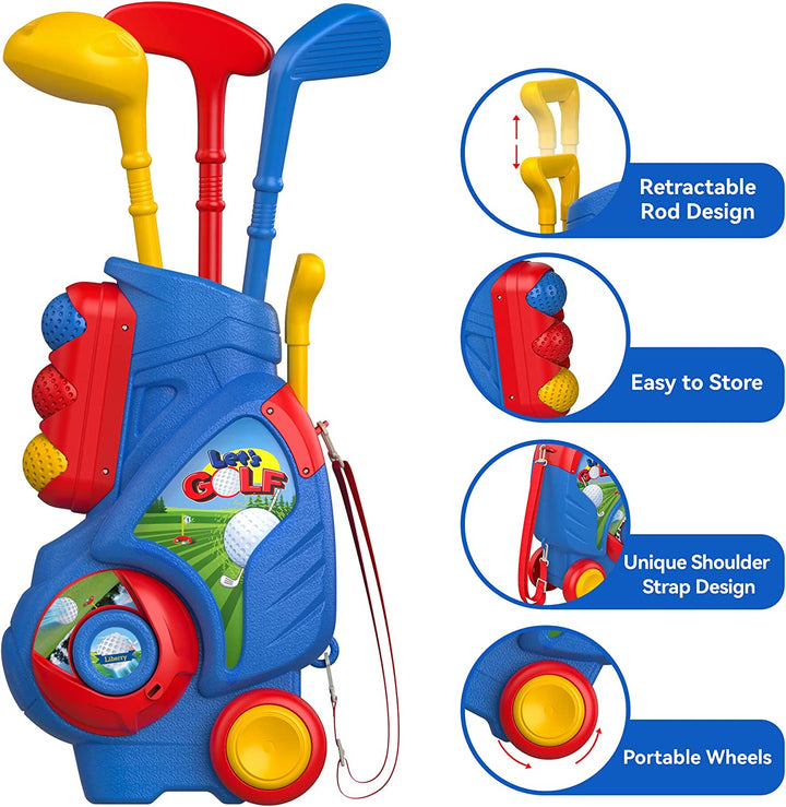 Toddler Golf Set, Upgraded Kids Golf Cart with Unique Shoulder Strap Design, Indoor and Outdoor Golf Toys for Boys and Girls Aged 1-5 Years Old