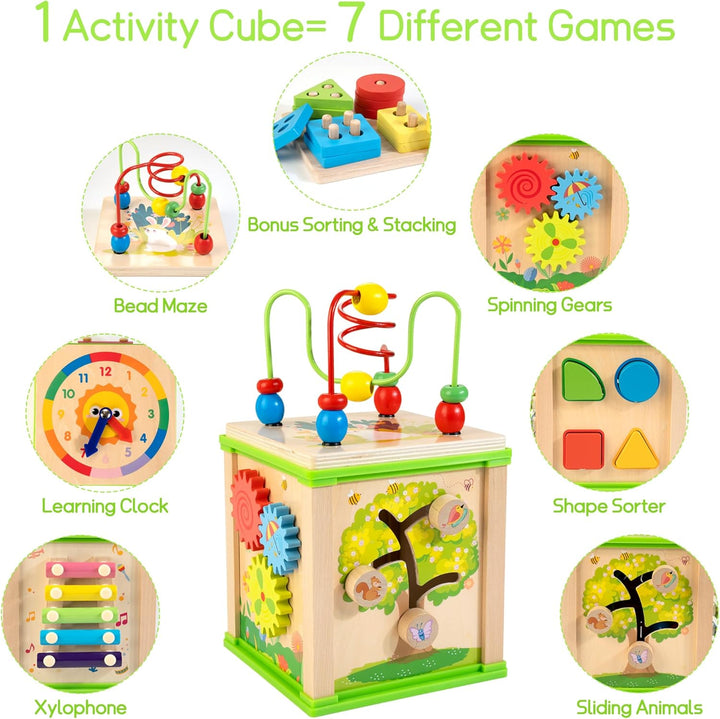 Wooden 7-In-1 Activity Cube| Montessori Toys for 1 2 3 Year Old Toddlers| Baby Educational Developmental Toys |One Year Old Boys Girls First Birthday Gifts |Bonus Sorting & Stacking Board