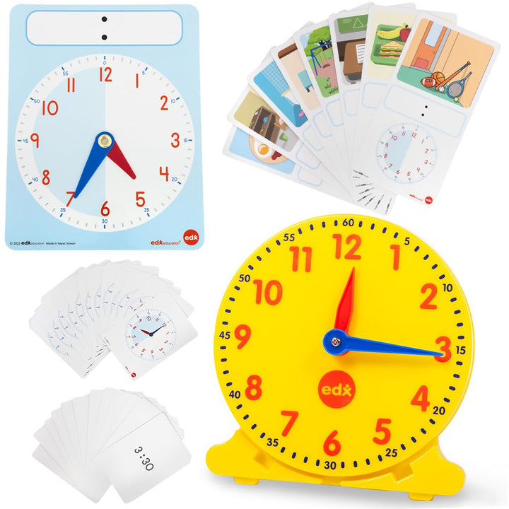 Learning Clock Activity Set | 8 Double-Sided Activity Cards and 25 Flashcards | Digital and Analog Teaching Clocks for Kids