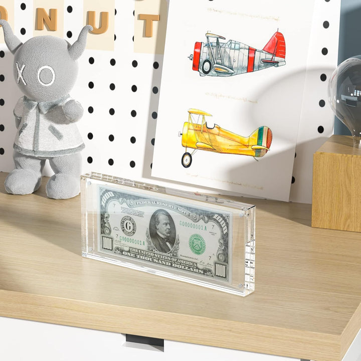 Dollar Bill Frame Display – 7.8" X 3.9" Acrylic Dollar Bill Holder, Thick Magnetic Self-Standing Display Case for Currency, Tickets, Banknotes, and Stamps