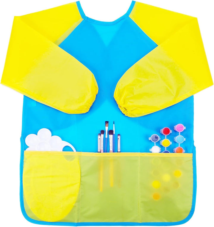 2 Pack Kids Art Smock Colorful Waterproof Children Art Aprons Artist Painting Aprons with Long Sleeve 3 Roomy Pockets for Age 3-7 Years,Yellow and Blue