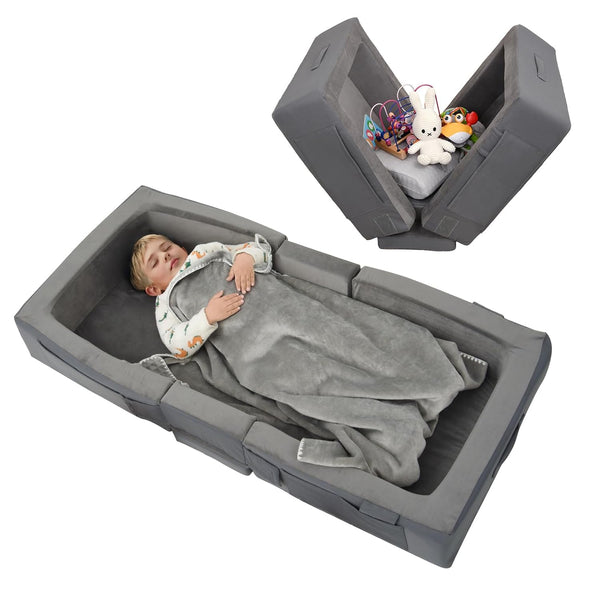 Toddler Travel Bed, Folding Floor Cot for Travel, Portable Kids Bed for Sleeping, Washable Toddler Cot for Children 18M – 5Yr Old, Grey