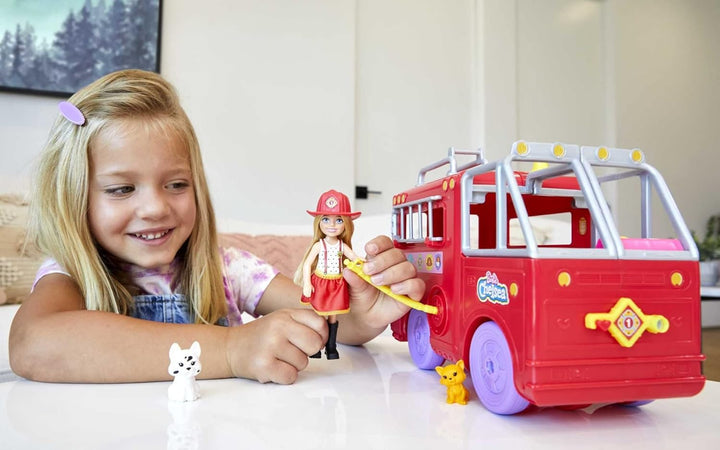 Chelsea Can Be Doll & Toy Fire Truck Playset with Blonde Small Doll, 2 Pets & 15+ Acessories, Open for Fire Station