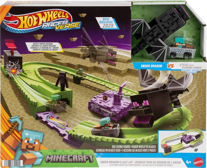 Toy Car Track Set, Racerverse Minecraft Playset & Die-Cast Diamond Armor Steve in Minecart Vehicle, Launch & Race to Defeat Ender Dragon