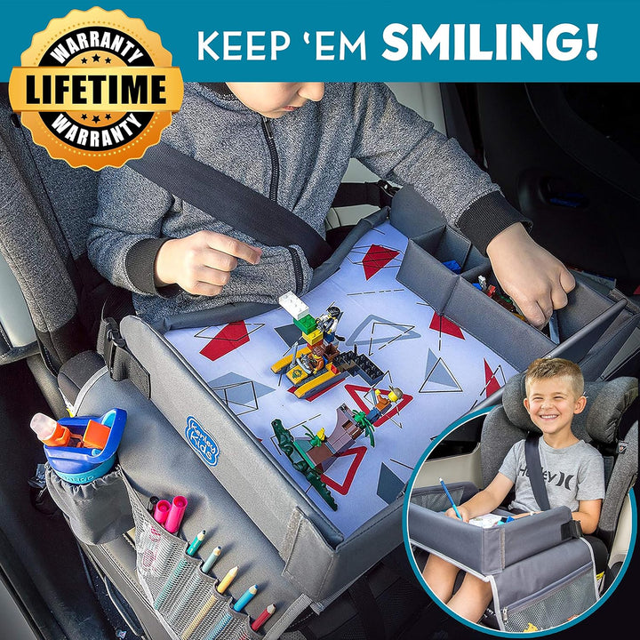 Travel Tray, Toddler Car Seat Lap Tray, Road Trip Essentials Activity Table (Blue/Gray)