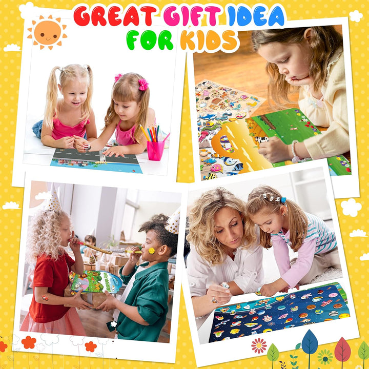 6Set Puffy Sticker Books for Kids 2-4, 3D Reusable Stickers Books for Toddlers 1-3,2-4,Farm+Animal+Dinosaurs+Ocean World+Space+Vehicle