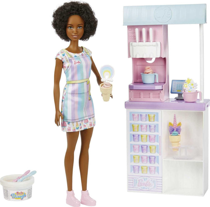 Careers Playset, Ice Cream Shop Set with Blonde Fashion Doll, Ice Cream Machine, Molds, Dough & Accessories