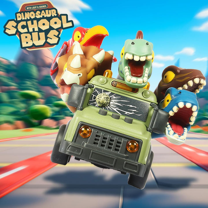 School Bus Toy with Light and Sound, Dinosaurs Friction Powered Car Bus Toys for Kids Crazy Dino