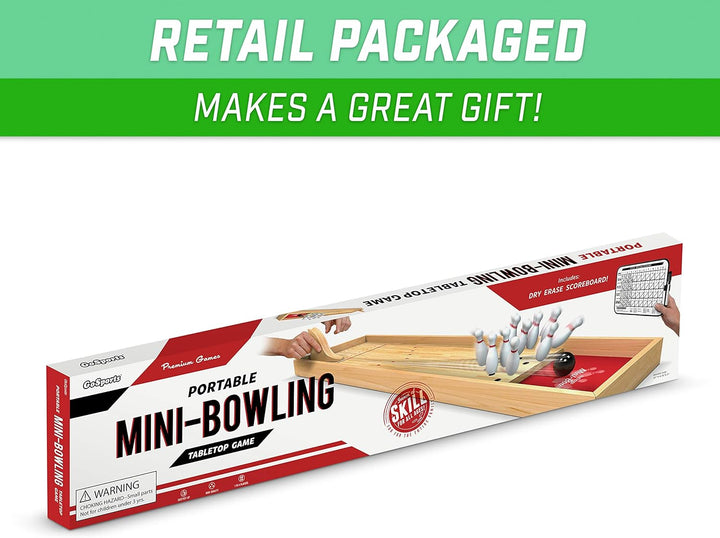 Mini Wooden Tabletop Bowling Game Set for Kids & Adults - Includes 1 Bowling Alley Board, 1 Launch Ramp, 2 Mini Bowling Balls, 10 Pins & Dry Erase Scorecard