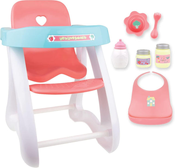 - Doll High Chair | Fits Dolls up to 17" | Easy to Clean | Simple Assembly | 7 Piece Play Set| Ages 2+, Pink/Blue