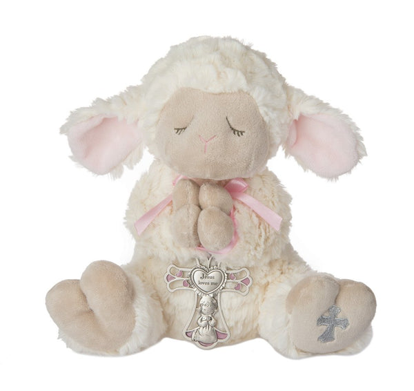 Serenity Lamb with Crib Cross Christening or Baptism Gift, Pink