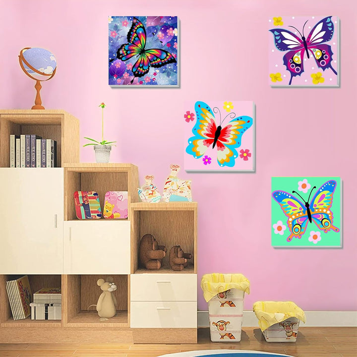 4 Pack Butterfly Paint by Number for Kids with Wooden Frame, Paint by Numbers for Kids Butterflies Ages 4-8-12, Easy Painting with Numbers DIY Acrylic Oil Painting Kits for Home Wall Decor (8X8 Inch)