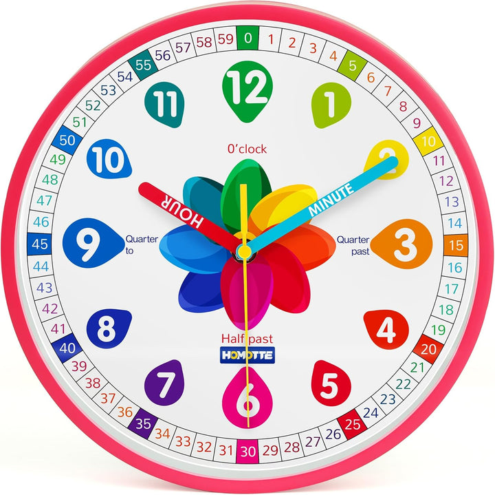 Analog Learning Clock for Kids, 10 Inch Telling Time Pink Wall Children'S Silent Non-Ticking Teach Educational Clock for Bedroom, Classroom Girls Home Decor