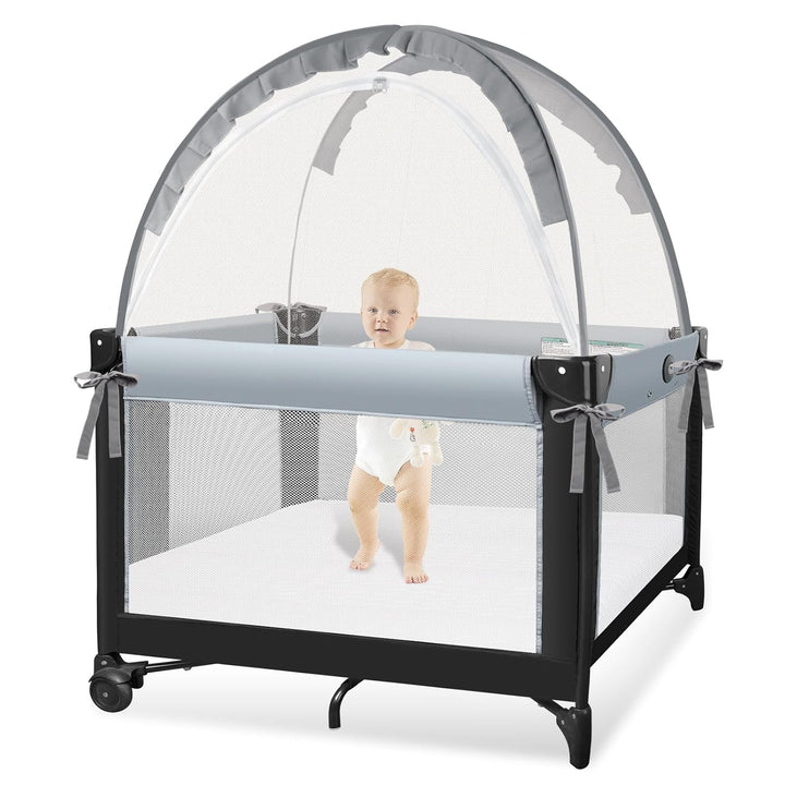 Crib Tent to Keep Baby from Climbing Out - Crib Net to Keep Baby in - Pop up Breathable Cribs Cover - Canopy with Upgrade Strong Mesh and Durable Zipper (Grey, Lager)