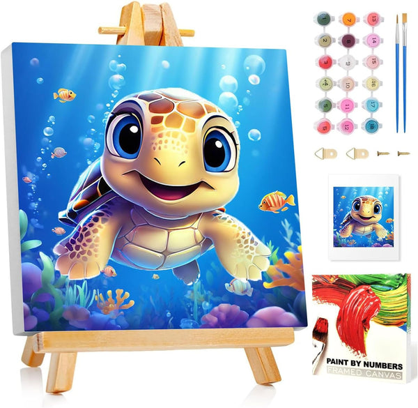 Paint by Numbers Kit for Kids with Frame, Sea Turtles Paint by Number with Frame, Paint by Number Kids Age 5-8-12 for Gifts and Home Decor (8X8Inch)