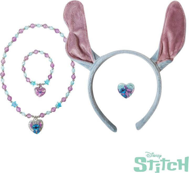 Disney Licensed Stitch Headband with Ears for Girls - Kids Jewelry Dress up Set All in One Giftable Box - Play Jewelry Set - 4Pc (Toddler Headband, Necklace, Dress up Bracelet, Ring) Ages 3+
