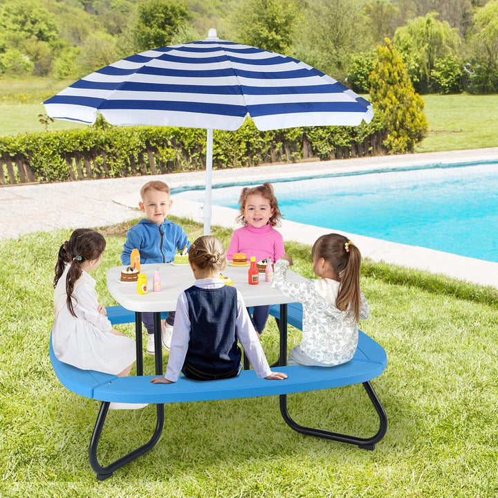 8 Seat Kids Picnic Table with Umbrella & 4 Built-In Benches, Fits 8 Children, Indoor Outdoor Toddler Picnic Table for Backyard Lawn & Patio (White+Blue)