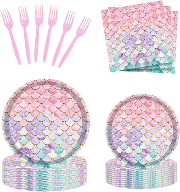 96 Pcs Mermaid Birthday Party Supplies Plates and Napkins Set for 24 Guests, Little Mermaid Party Decorations Ocean under the Sea Party Tableware Plate, Fork, Napkins for Princess Girls