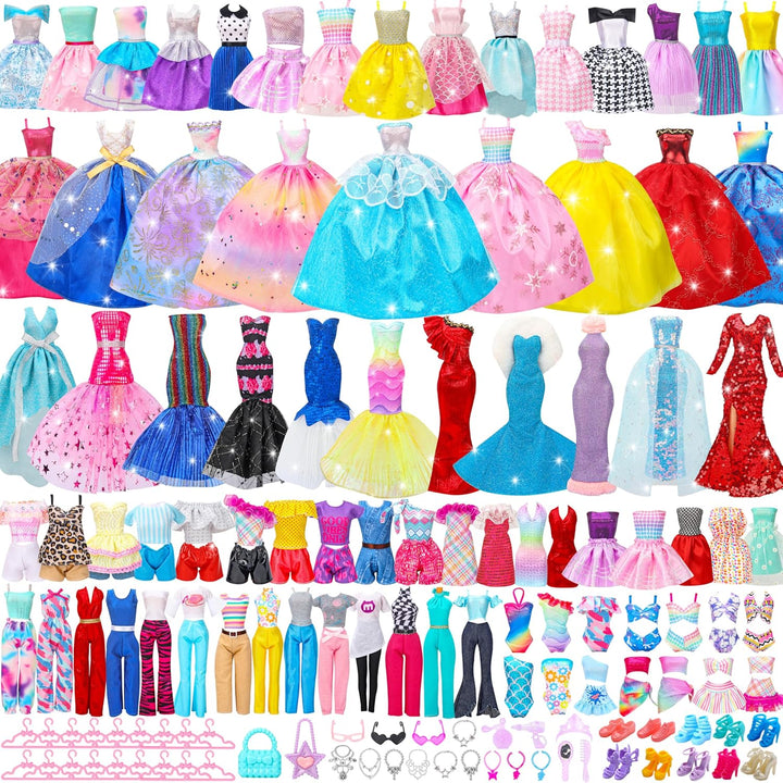 70 Pcs Doll Clothes and Accessories,4 Wedding Gowns 2 Evening Dresses 8 Fashion Dresses 6 Set Casual Outfit Top and Pant 2 Swimsuit,18 Hanger 10 Shoe 20 Accessories Toys for Girls Kid Gift