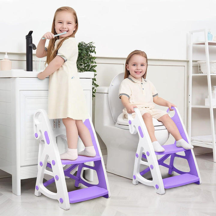 Potty Training Seat, 2-In-1 Toddler Toilet Seat with Step Stool, Ultra-Stable Potty Chair Attachment, Adjustable Seat and Step Ladder, Non-Slip Design, Splash Guard for Boys and Girls(Grey)