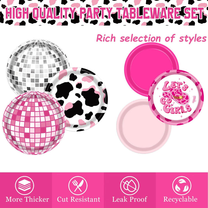 131 PCS Cowgirl Birthday Party Decorations Disco Cowgirl Party Decorations - Includes Plates, Napkins, Cups, Banner, Hanging Swirl, Tablecloth, Balloon for Western Cowgirl Party Decorations, Serve 24