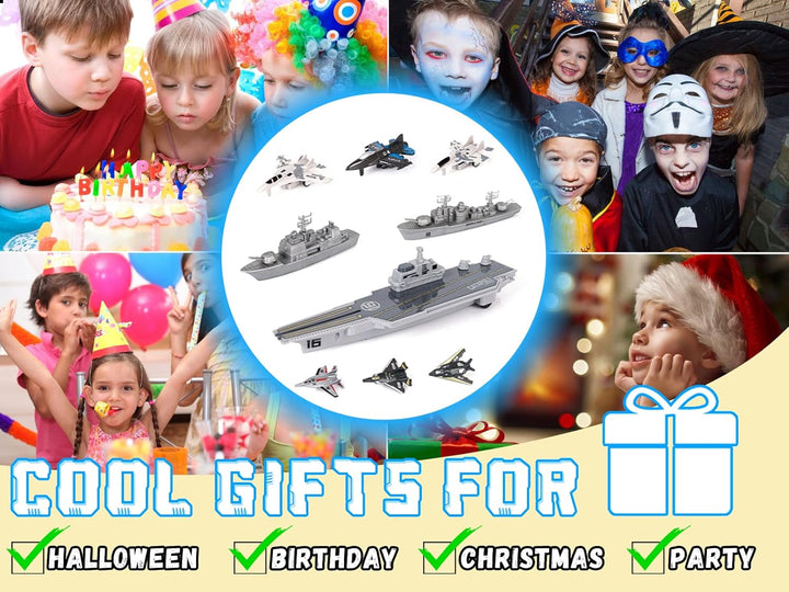 Aircraft Carrier Military Naval Ship with Pull Back Army Fighter Jet Toy Small Scale Model Plane Submarine Kids' Play Vehicle Set for Boy Girl Children