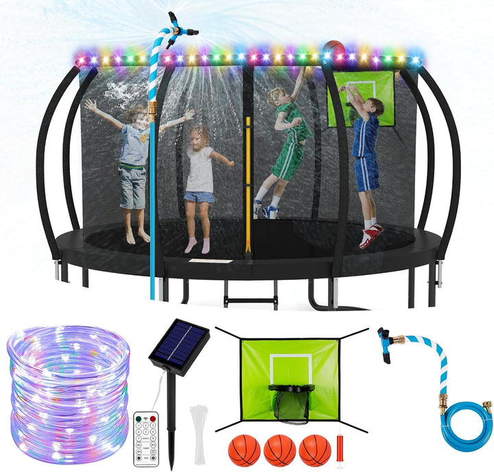 Trampoline Accessories Kit Kids, Trampolin Sprinkler/Basketball Hoop/50Ft Solar Lights, Fits 8 10 12 14 15 16FT Trampoline Outdoor with 3 Mini Basketballs, Non-Damaging to Net, Features 8 Light Modes