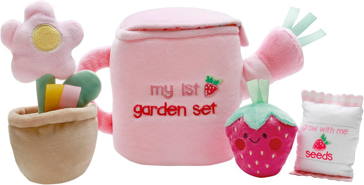 4 Piece Plush My First Purse Play Set with Sensory Toys and Bonus Teether Keys for Baby, Pink Stripe, 8 Inch