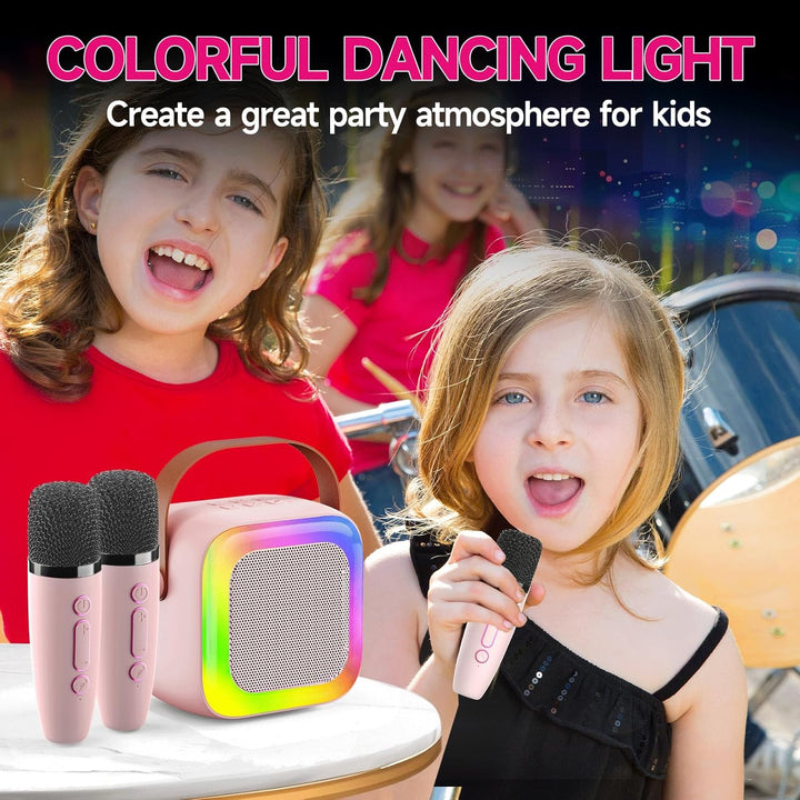 Mini Karaoke Machine for Kids Teen Adults, Kids Karaoke Machine with 2 Wireless Microphones and LED Lights Toys for Party, Home, Gifts for 4 5 6 7 8 9 10 11 12+ Years Girls Boys(Pink)