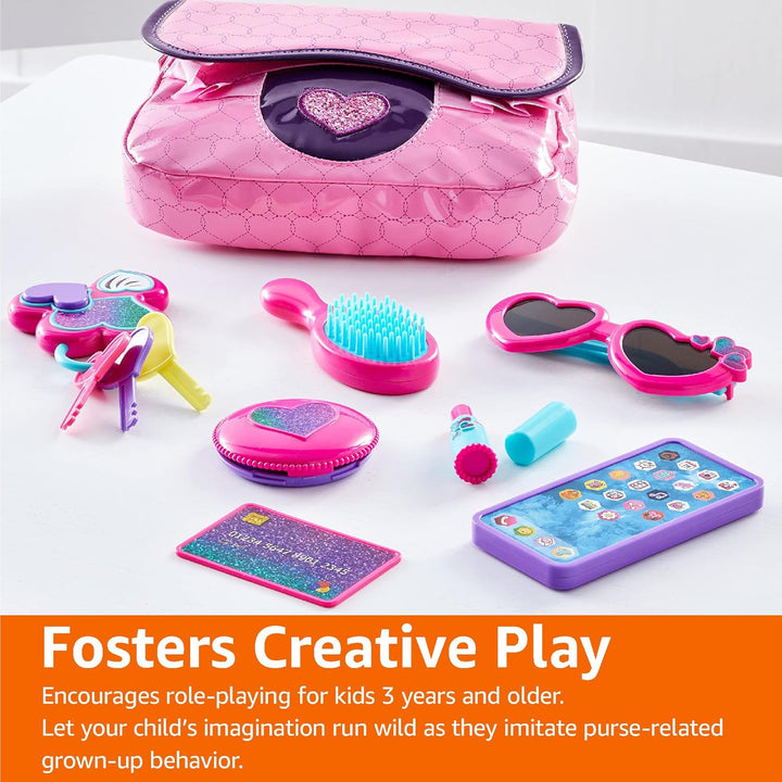 8-Piece Pretend Play Purse Toy with Accessories for Girls Ages 3 and Up, Handbag Gift Set Including Smartphone, Sunglasses, Makeup Compact, Keys and Credit Card, Pink
