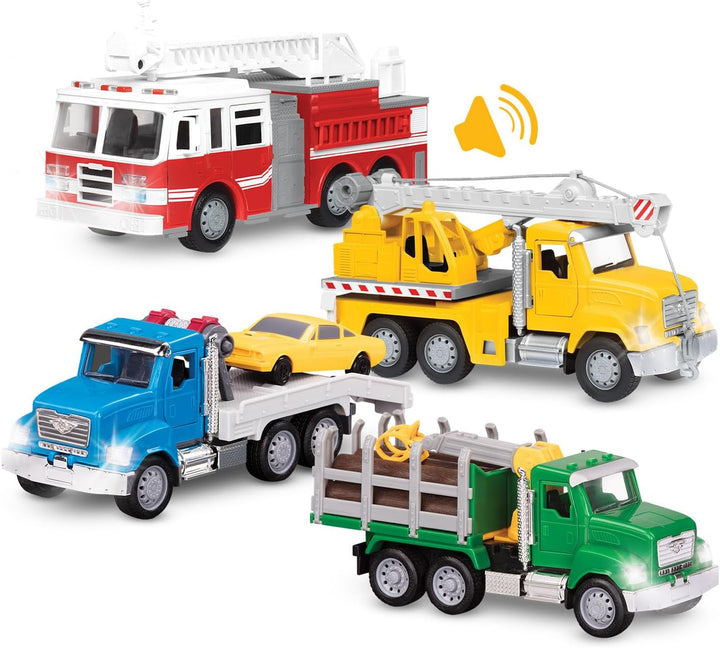 – 4-Pack of 7 Construction & Utility Toy Trucks – Includes Cement Mixer, Telehandler, Garbage, Tow & Fire Truck – Lights & Sounds – Ages 3+