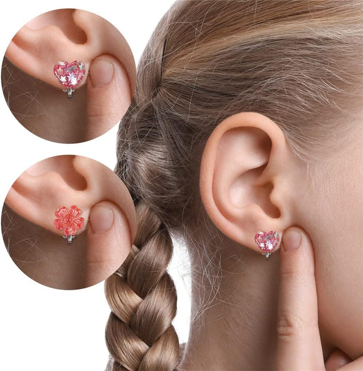 6Pairs Crystal Unicorn Clip on Earrings for Little Girls, Rainbow Clip-On Jewelry Butterfly Earrings Toddler Girls Dress up Jewelry