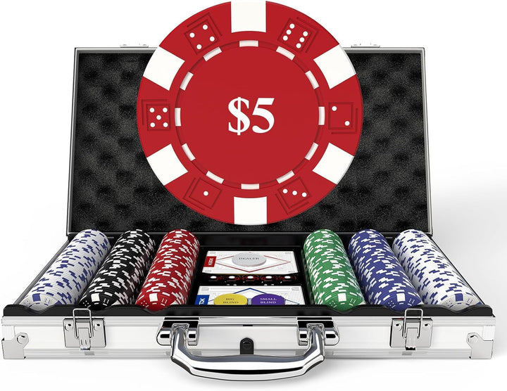 Poker Set with Denominations, 300-Pcs 11.5G Weighted Numbered Chips, 5 Dice, 2 Decks with Compact Aluminum Case for Texas Hold'Em, Blackjack, Age 8 and Plus