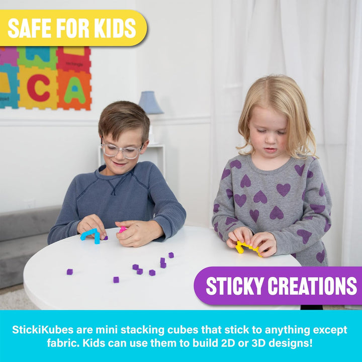 Stickikubes, Mini Stacking Cubes That Stick to Anything, Non Toxic Kid Safe Sticky Blocks, Creative Construction Toy - 125 Cubes, 5 Neon Colors, Tub