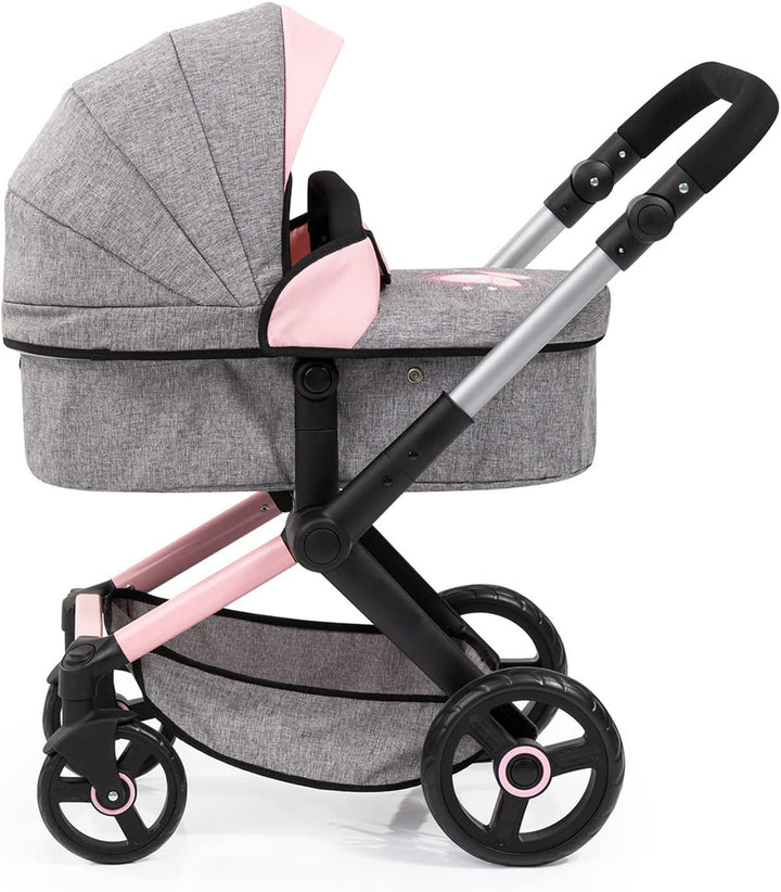 : Pram Xeo: Butterfly Grey & Pink - Matching Handbag, Adjustable Handle, for Dolls up to 20", Ages 3+ | Dress Up