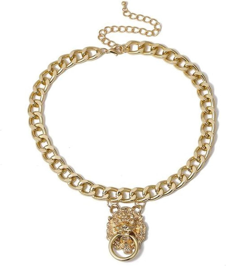 Punk Hip-Hop Gothic Short Chain Exaggerated Metal Lion Head Pendant Collar Necklace Women'S Gold Choker Jewelry Accessories
