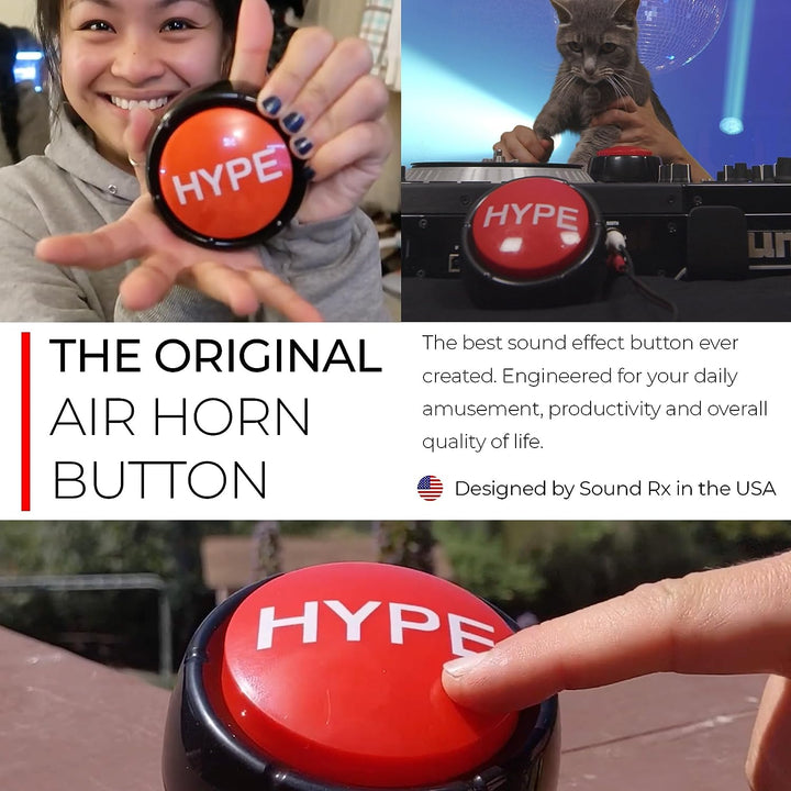 Hype Button | Hip Hop Air Horn Sound Effect Button (Batteries Included) Stocking Stuffer Back to School Classroom Teacher Office Desk Sales Marketing Gag Nut Funny Toy Live Streaming Gaming DJ Remix
