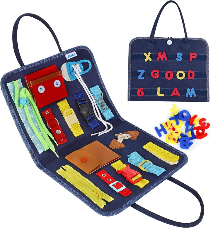Toddler Busy Board Montessori Toys for Boys, Sensory Board Educational Activities for Learning Fine Motor Skills, Birthday Gifts for Boys Toddlers, Travel Toys for Airplane Car, Blue Dinosaur