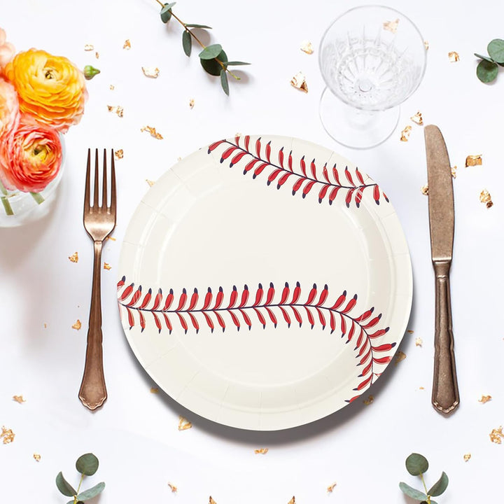 50PCS Baseball Party Paper Plates - 7Inch round Baseball Dessert Plates for Cake Salad Fruit Pizza Disposable Themed Decoration Supplies for Fan Sports Event, Birthday Party