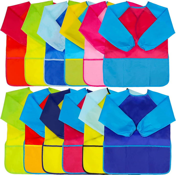 2 Pack Kids Art Smock Colorful Waterproof Children Art Aprons Artist Painting Aprons with Long Sleeve 3 Roomy Pockets for Age 3-7 Years,Yellow and Blue