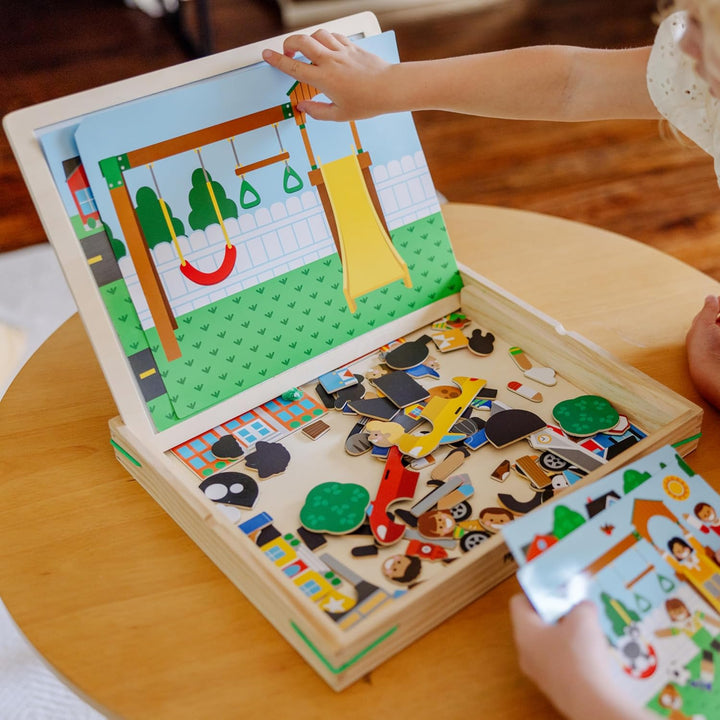 Wooden Magnetic Matching Picture Game with 119 Magnets and Scene Cards Magnetic Book Scenes for Kids Ages 3+
