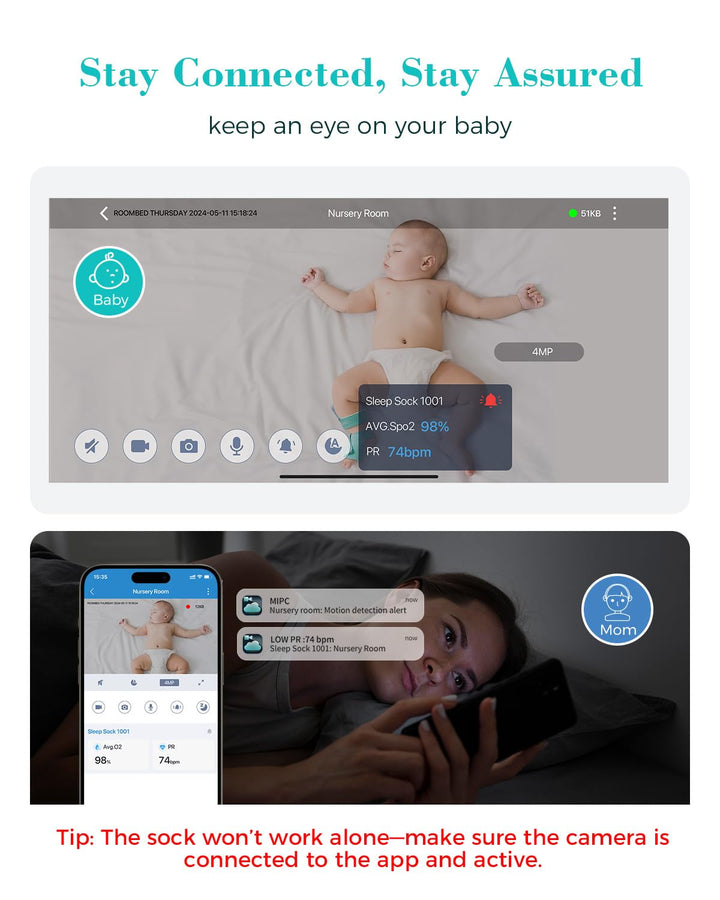 Baby Monitor - Smart Sleep Sock & 2.5K HD Camera, Track Heart Rate & Average Oxygen Level, Cry/Motion Detect, Two-Way Audio and Night Vision Baby Monitor with APP