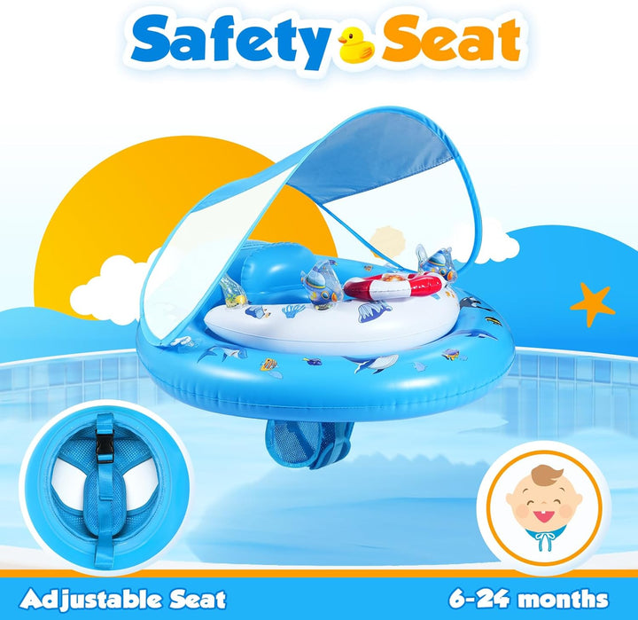 Baby Pool Float with Canopy UPF50+ Sun Protection, Inflatable Kids Pool Floats with Toy Play Console for Baby 6-36 Months, Infant Swimming Float with Adjustable Safety Seat for Boys Girls