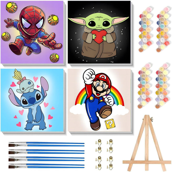 4 Pack Cartoon Paint by Numbers Kit for Kids with Frame - Wooden Easel, Cute Kids Paint by Numbers Ages 4 8 12, DIY Acrylic Oil Painting for Home Wall Decor (8X8 Inch)