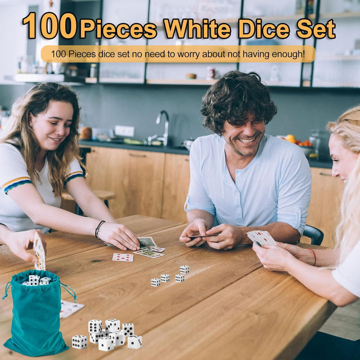 100 Pieces White Dice Set, 16MM Standard Game Dices, Opaque Six-Sided Dice with Pouch, Black Dot Bulk White Dice for Group Event, Board Games, Classroom Math